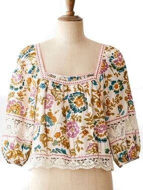 Christian Siriano Top Crochet Floral Square-Neck Boho Blouse